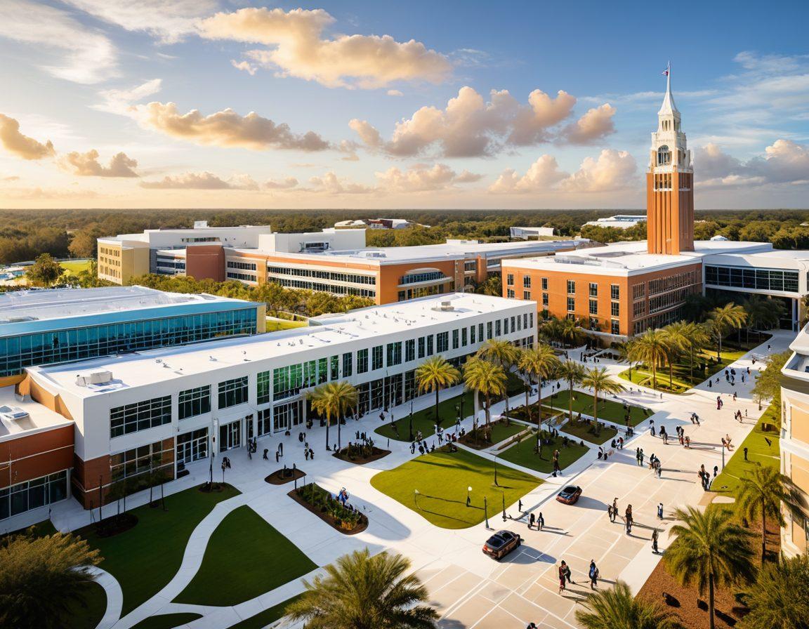A lively scene of the University of Central Florida campus with diverse students engaged in dynamic academic discussions, innovative research in modern labs, and vibrant career fairs. Showcase the university's iconic buildings and a blend of cutting-edge technology and traditional learning. super-realistic. vibrant colors. white background.