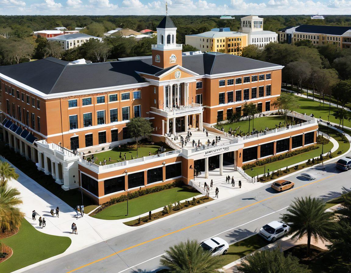 A vibrant and bustling University of Central Florida campus scene, showcasing students happily navigating different aspects of campus life such as socializing, studying, and utilizing various services. Include iconic UCF landmarks, dynamic classroom interactions, and a sense of community spirit. super-realistic. vivid colors. white background.