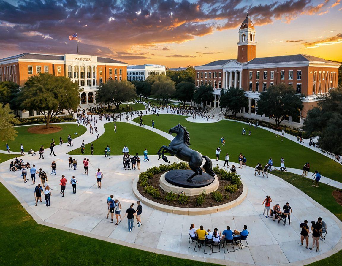 A dynamic scene of UCF campus bustling with students engaging in a variety of activities: studying under a tree, skateboarding, playing frisbee, attending an outdoor concert, and socializing at a community event. The iconic UCF Pegasus statue stands proudly in the background. vibrant colors. super-realistic.